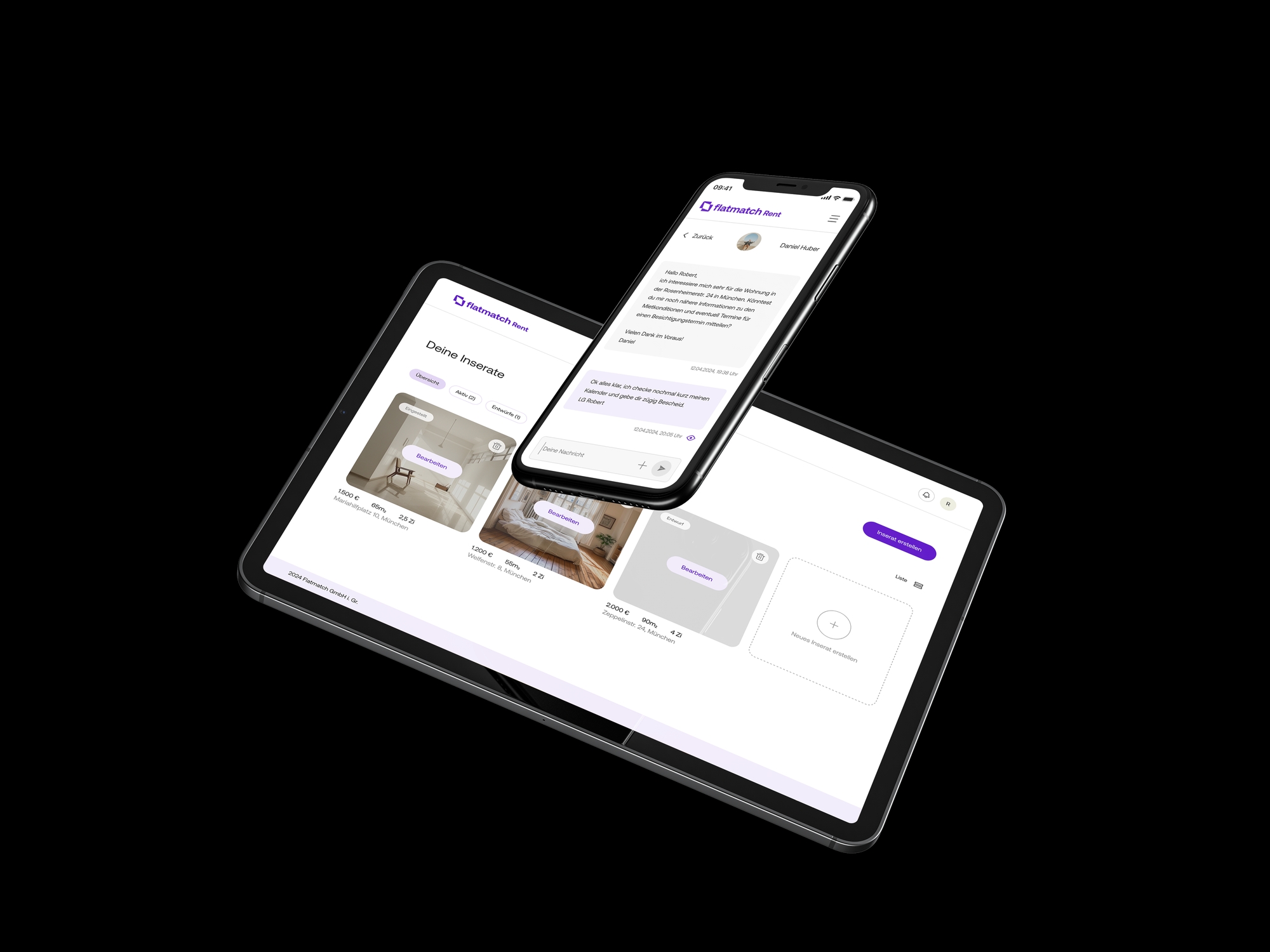 Vorschau von Flatmatch Rent auf einem Smartphone und Tablet